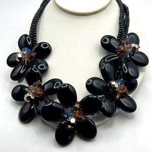 Joan Rivers Runway Statement Necklace Black Glass Crystal Beaded Flowers